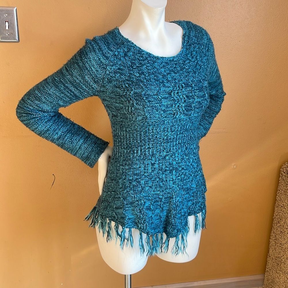 It’s Our Time Knit Fringe hem blue/turquoise sweater. Size Medium